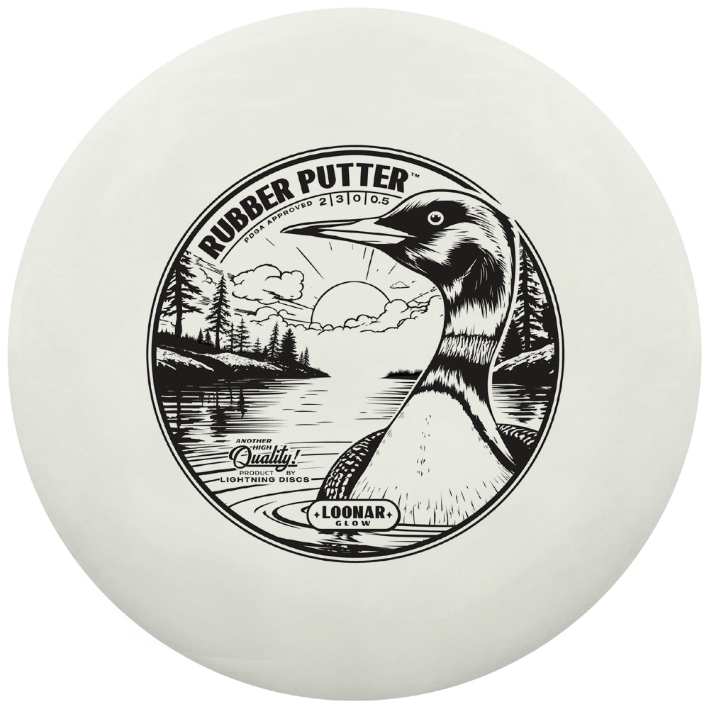 Loonar Glow Rubber Putter by Lightning Discs, featuring a soft rubber blend with a bright glow-in-the-dark finish for visibility during low-light play.