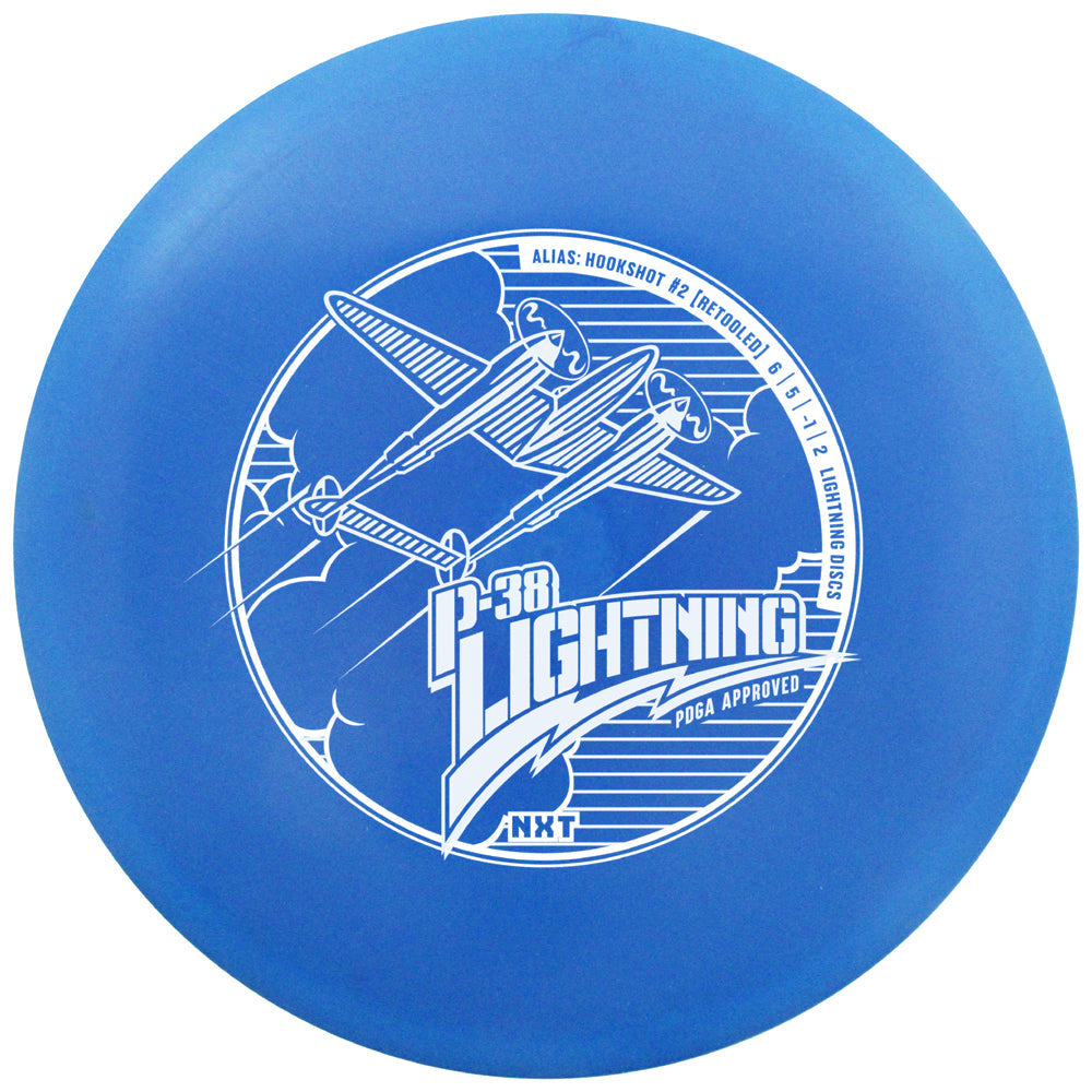 Lightning Discs #2 Hookshot P-38 edition in NXT plastic, an overstable midrange disc with a smooth, slightly flexible feel and military-inspired stamp for controlled fade shots.