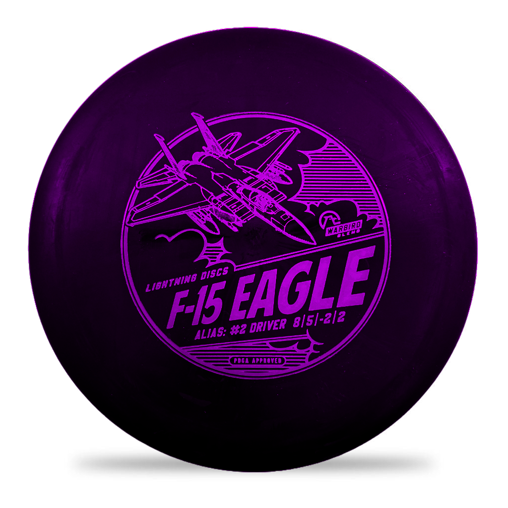 Lightning Discs #2 Driver, F-15 Eagle edition in Warbird plastic, featuring a sleek fairway driver shape with a military-inspired stamp and a glossy, durable finish.