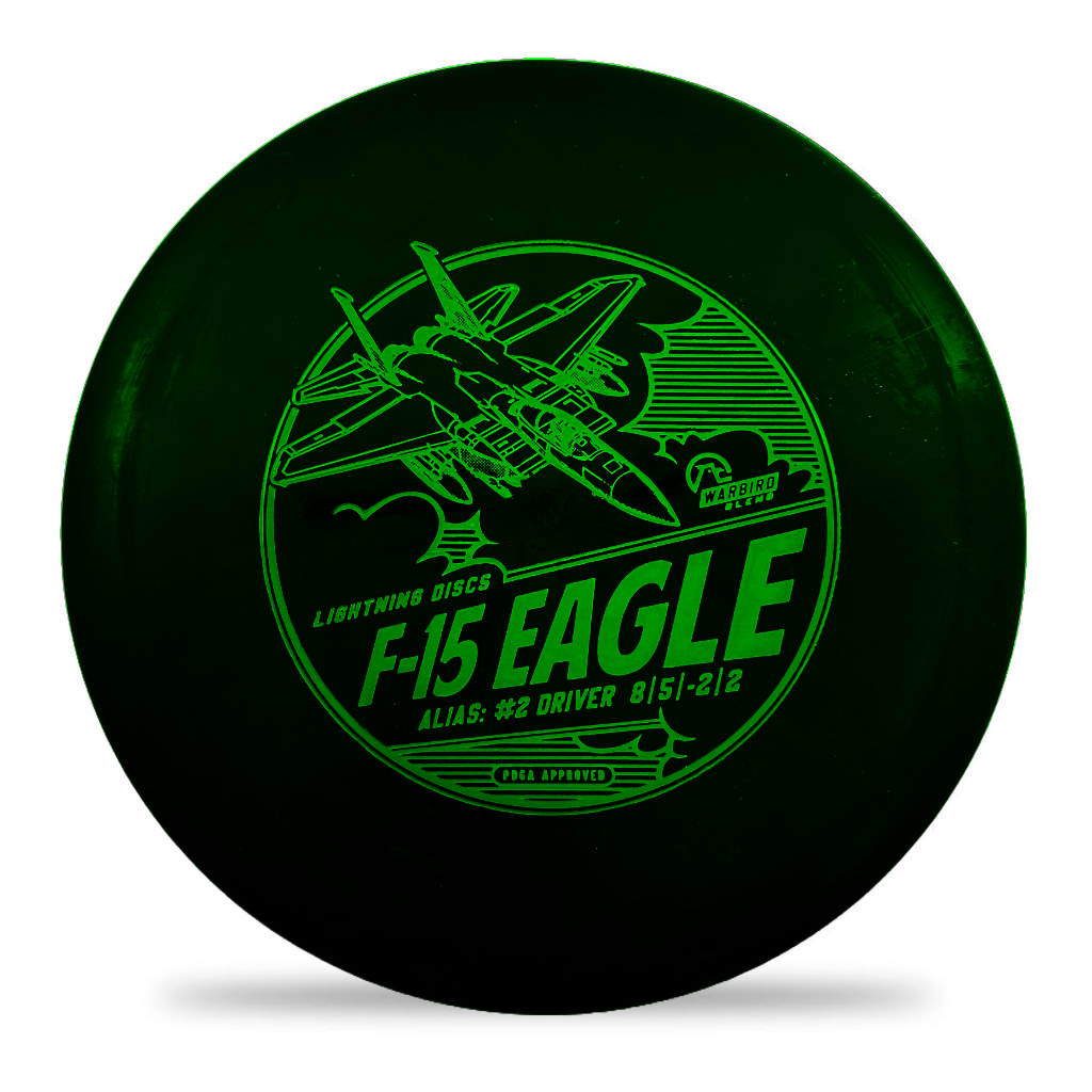 Lightning Discs #2 Driver, F-15 Eagle edition in Warbird plastic, featuring a sleek fairway driver shape with a military-inspired stamp and a glossy, durable finish.